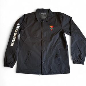 7-Eleven Merch Black Coaches Jacket, 'Where Car?' Sleeve Graphic, Size M